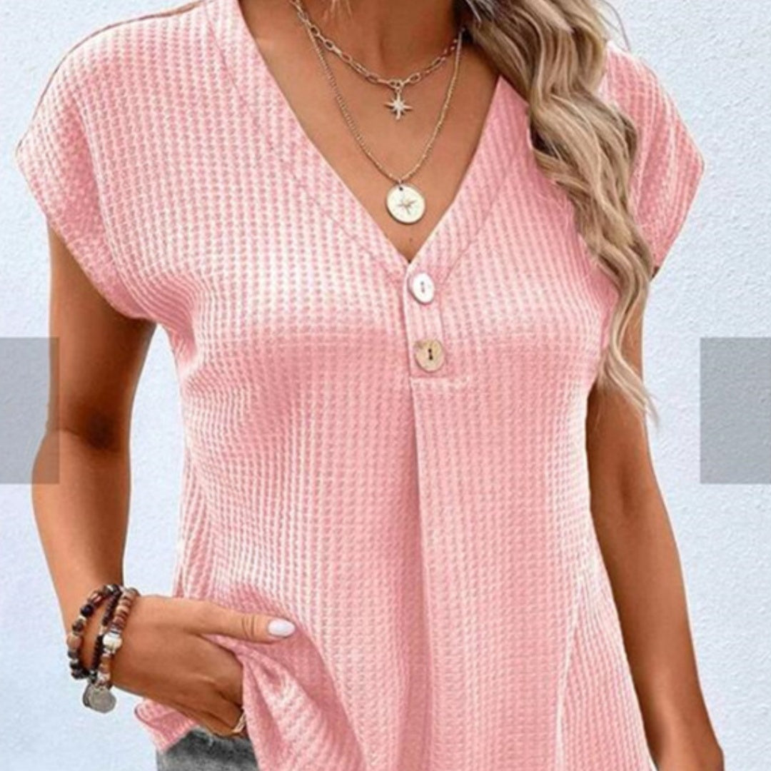Women's Clothing European And American Top Solid Color Buttons Fashion Short Sleeve - Chic Angle